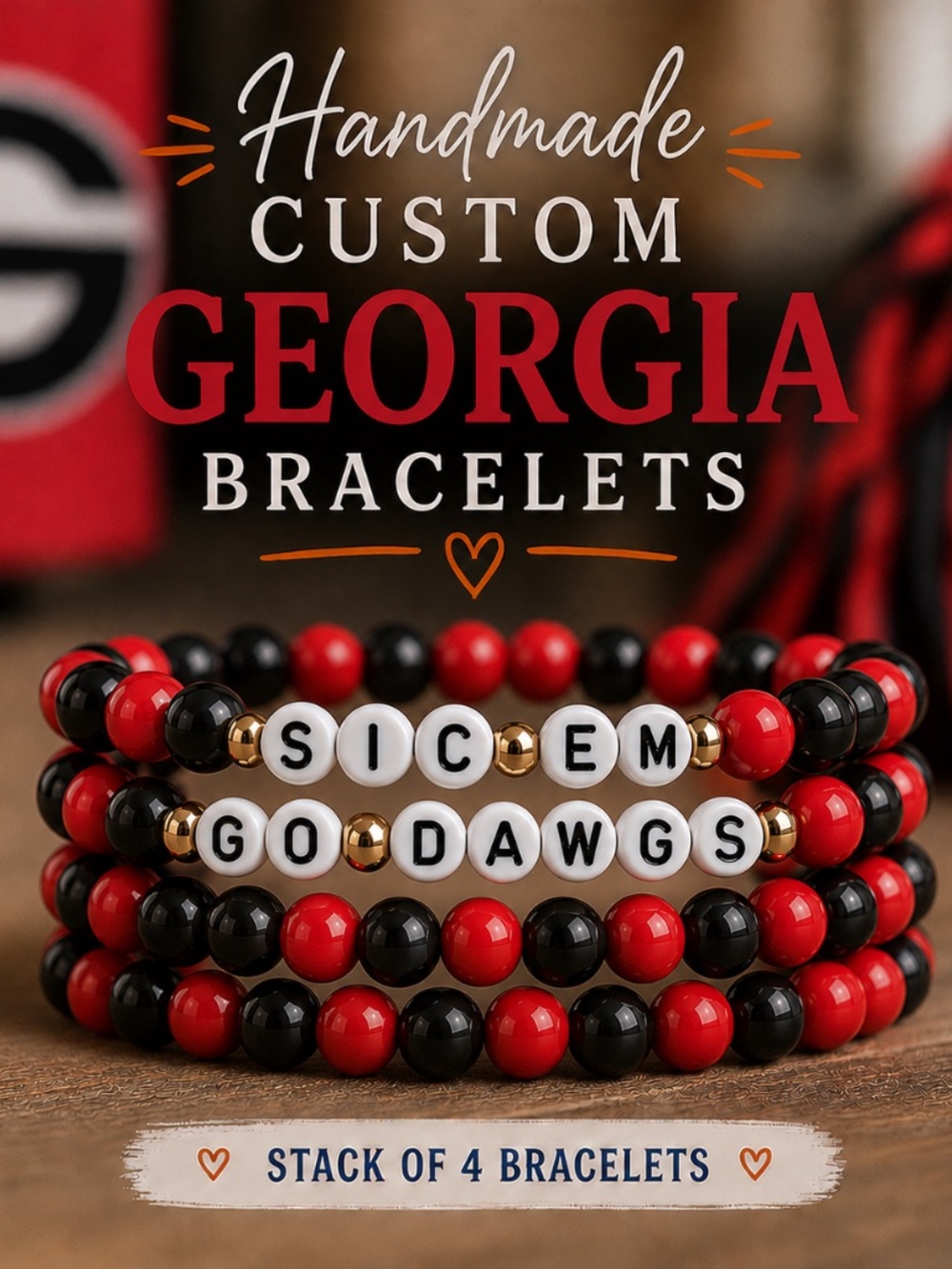 Stack of Four Handmade Custom Georgia Bulldogs Bracelets